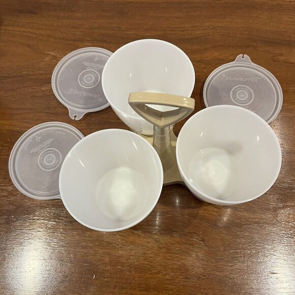 Vintage Tupperware 3 Containers Condiment Picnic Caddy Set Beige / White - Picture 4 of 9